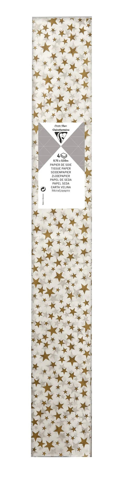PAPIER DE SOIE IMPRIMÉE, Sachet de 4 feuilles au format 50x75cm - Etoiles dorées - Or (lot de 10)