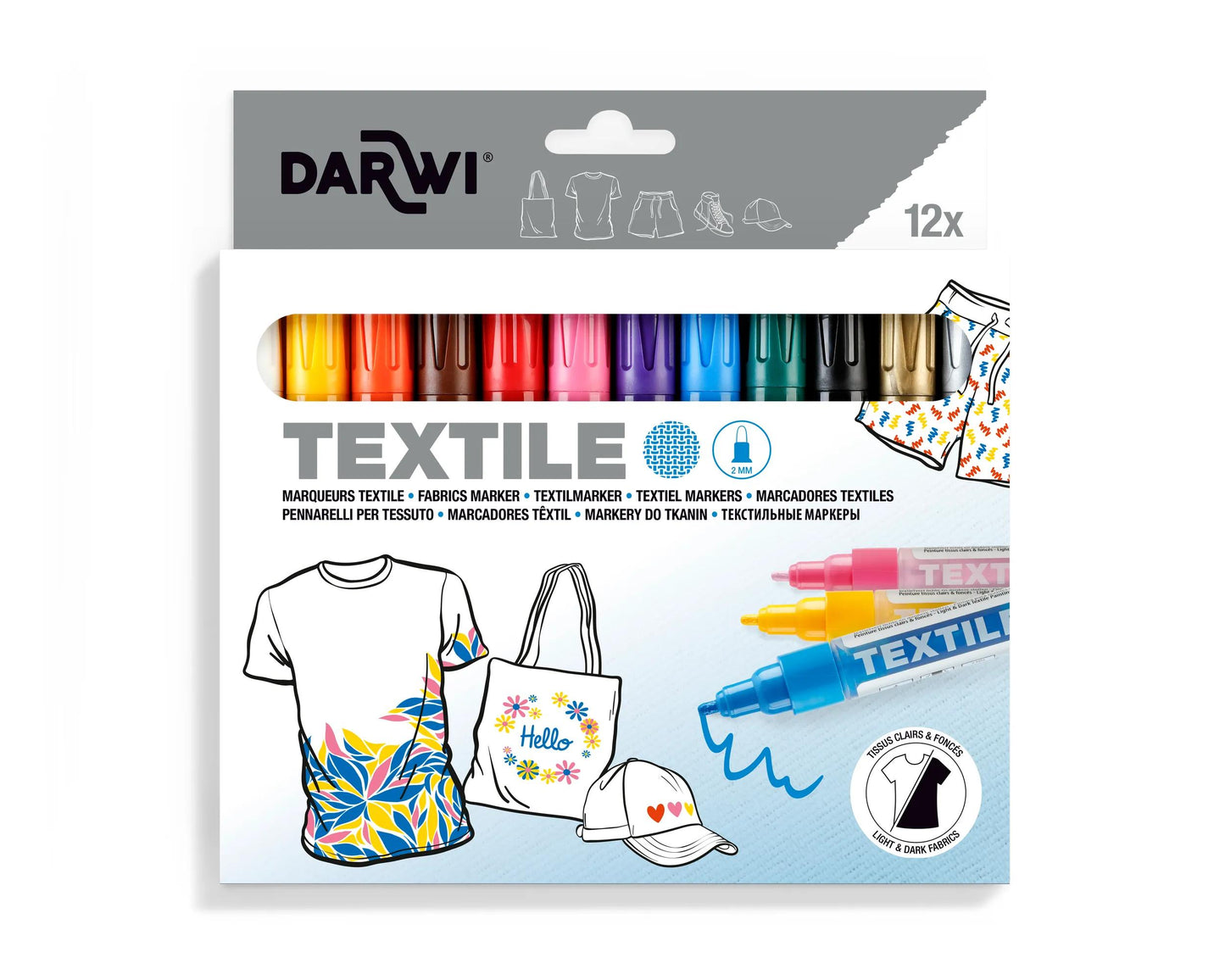 DARWI 12 Markers Textilmalerei Opaque Pointe Conique Fine 2mm - sortiert