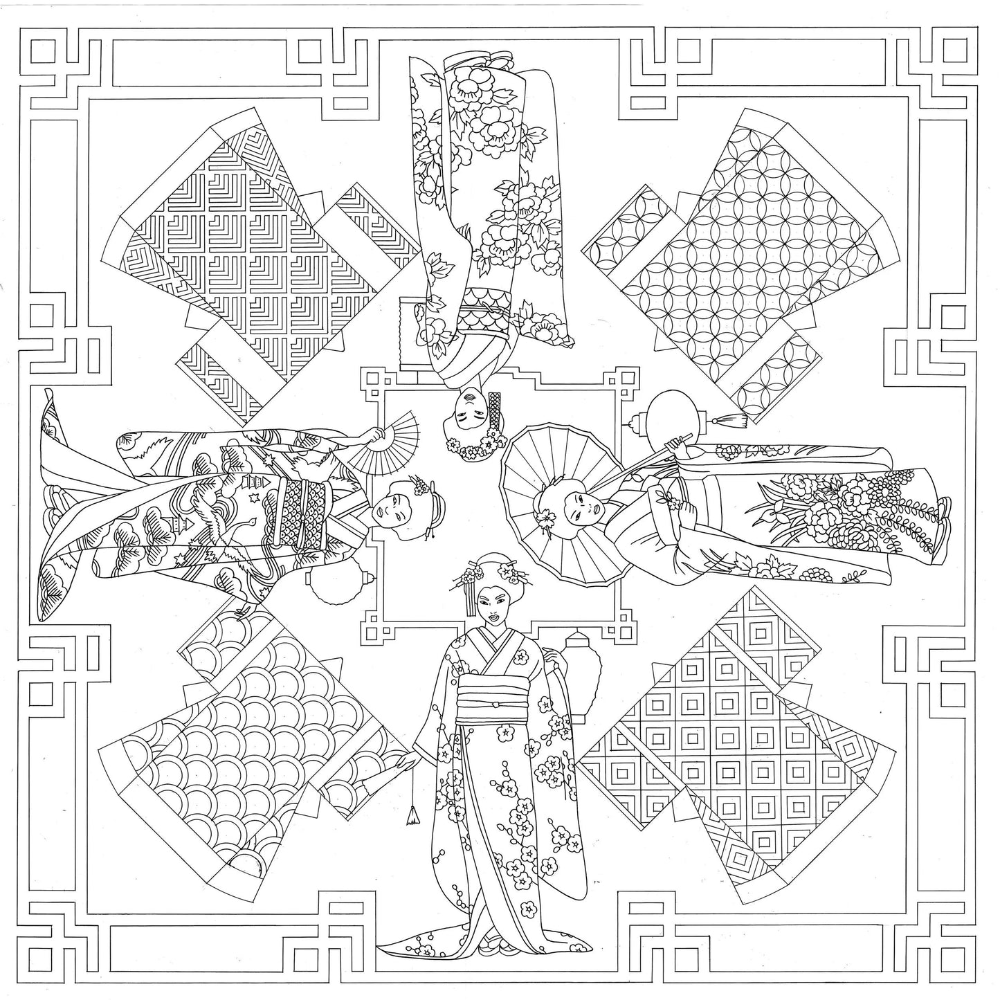 Square 100% silk - 90x90cm Geishas - White (Pack x3)