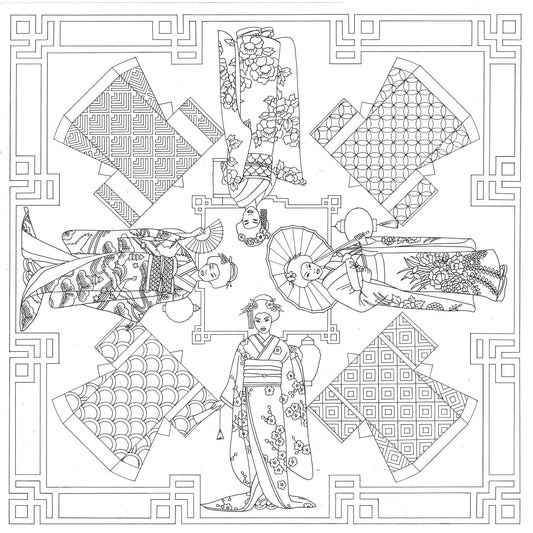 Square 100% silk - 90x90cm Geishas - White (Pack x3)