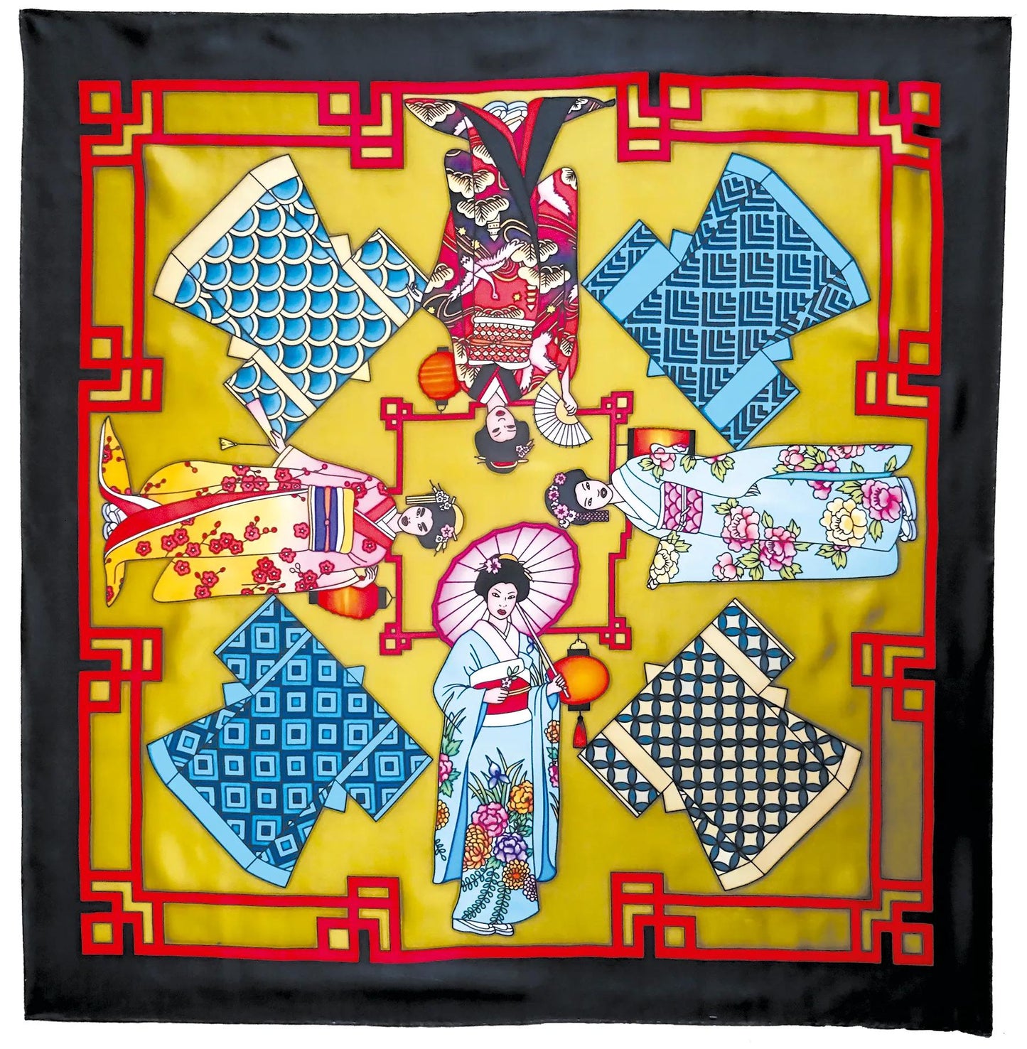 Square 100% silk - 90x90cm Geishas - White (Pack x3)