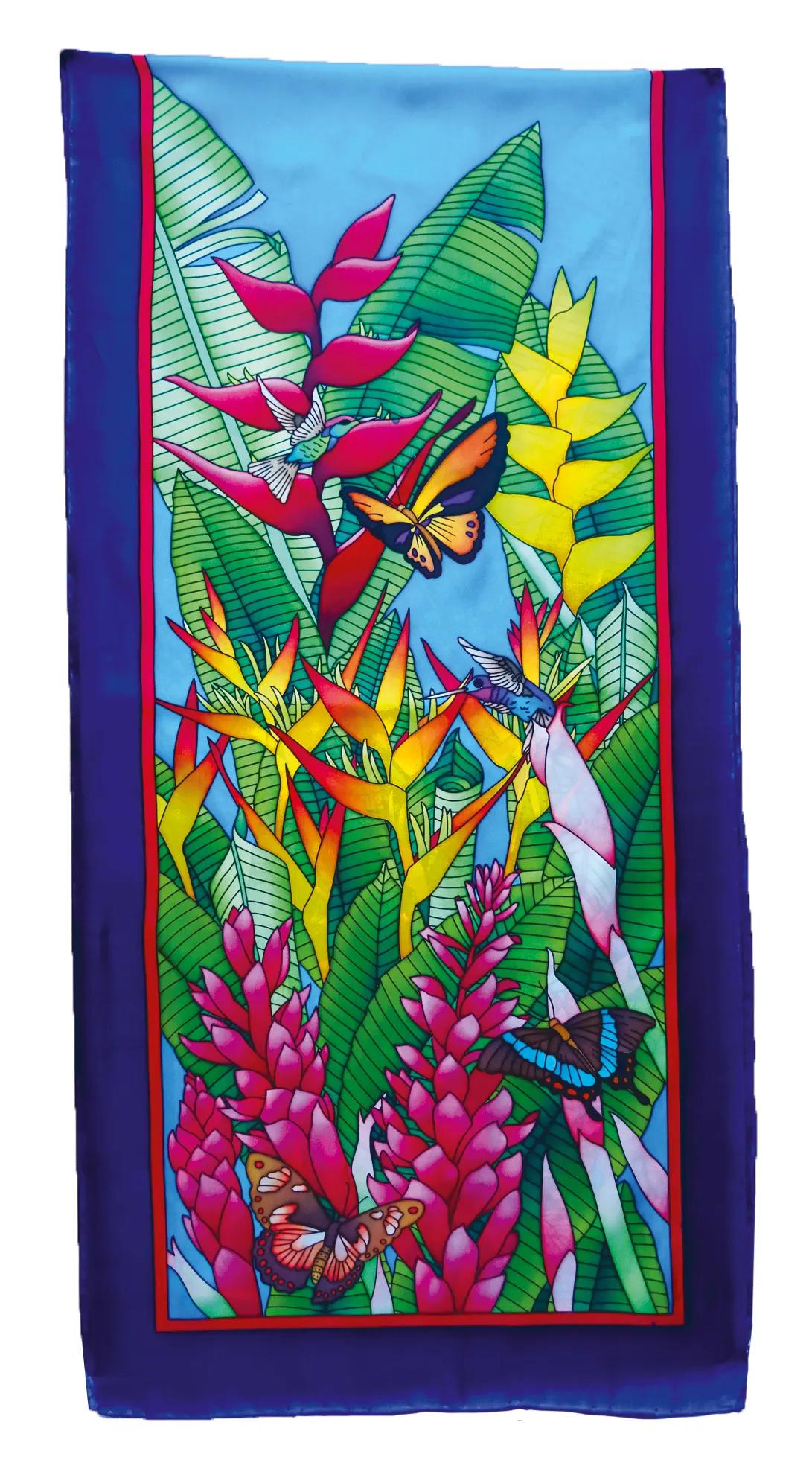 100% silk scarf - 180x43cm Tropical - White (Pack x3)