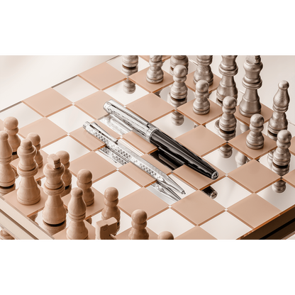 Set Penna a Sfera Ecridor™ Damier Grigio Argento & Astuccio in Pelle Nera