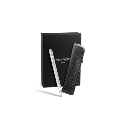 Set Penna a Sfera Ecridor™ Damier Grigio Argento & Astuccio in Pelle Nera