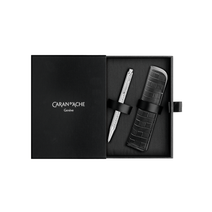 Set Penna a Sfera Ecridor™ Damier Grigio Argento & Astuccio in Pelle Nera
