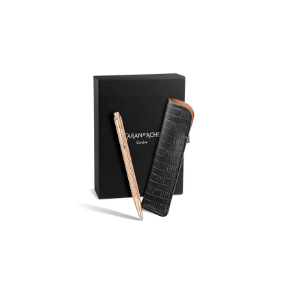 Set Penna a Sfera Ecridor™ Damier Dorato Rosa & Astuccio in Pelle Nera