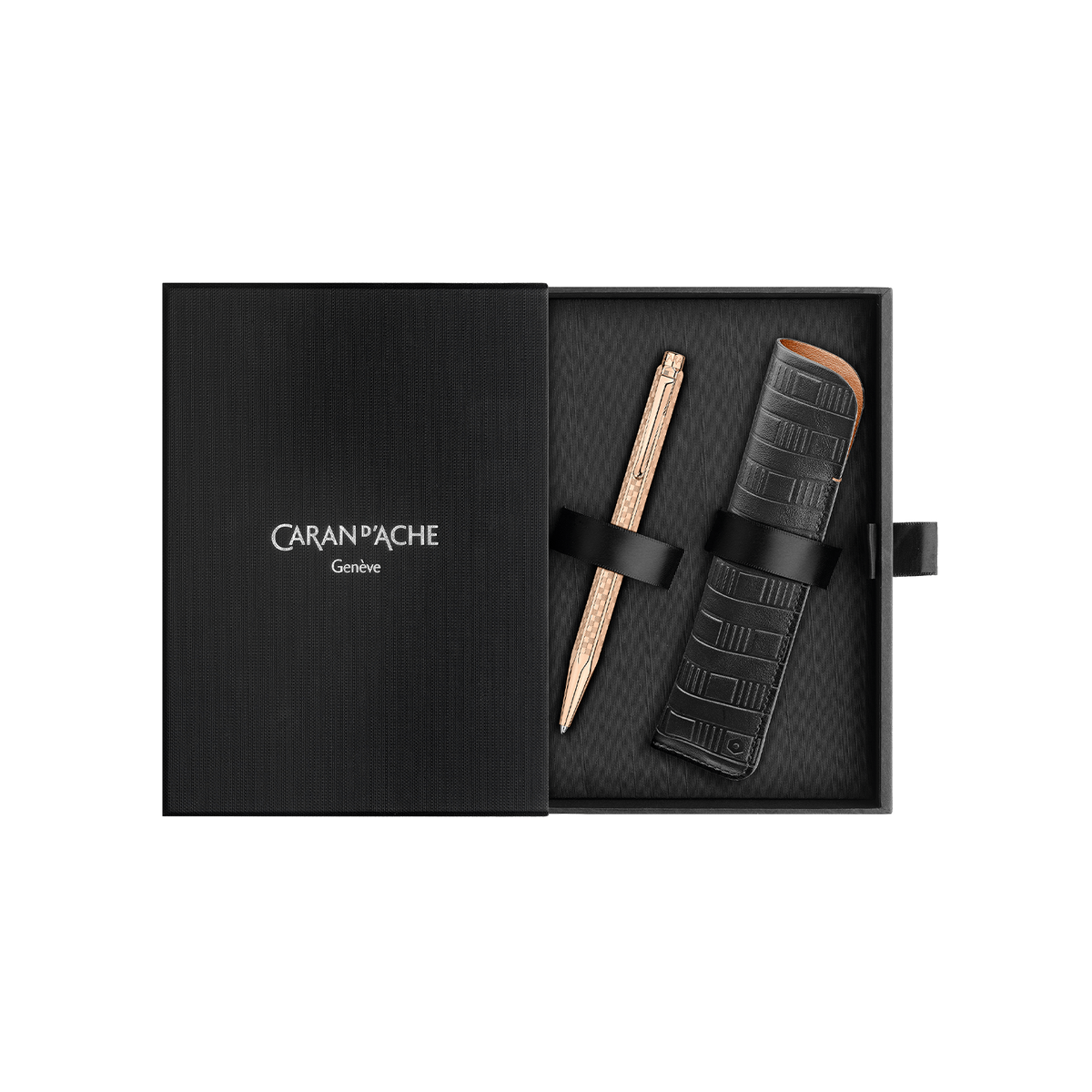 Set Penna a Sfera Ecridor™ Damier Dorato Rosa & Astuccio in Pelle Nera