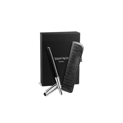 Set Füllfederhalter Léman™ Damier & Etui aus Leder Schwarz