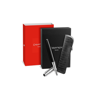 Set Füllfederhalter Léman™ Damier & Etui aus Leder Schwarz