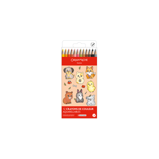 Set Kawaii 12 Coloured Pencils Swisscolor Watercolour Cute Animals