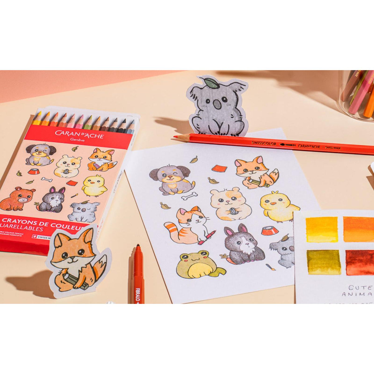 Kawaii-Set 12 Farbstifte Swisscolor Aquarell Cute Animals